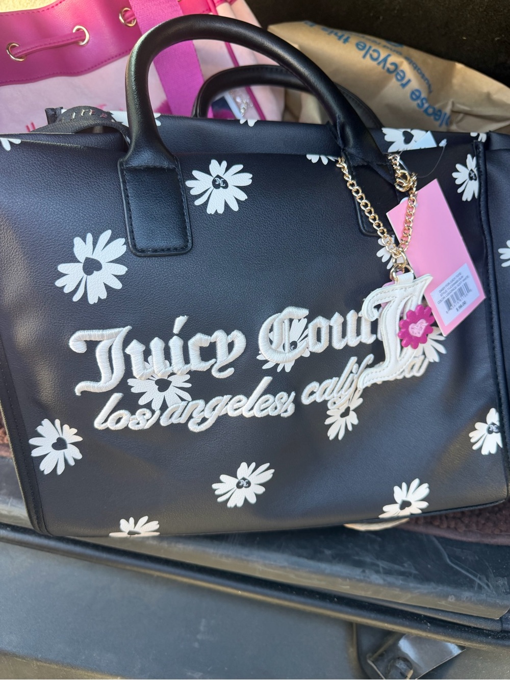 Juicy Couture Black Daisy Logo Tote with Pink Charm